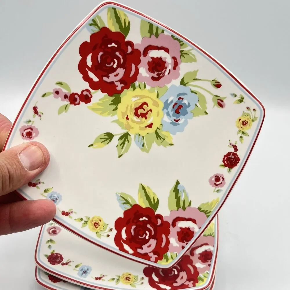 Shabby Chic Roses Small 6” Plates Square Appetizer Set of 3 Country Cottage